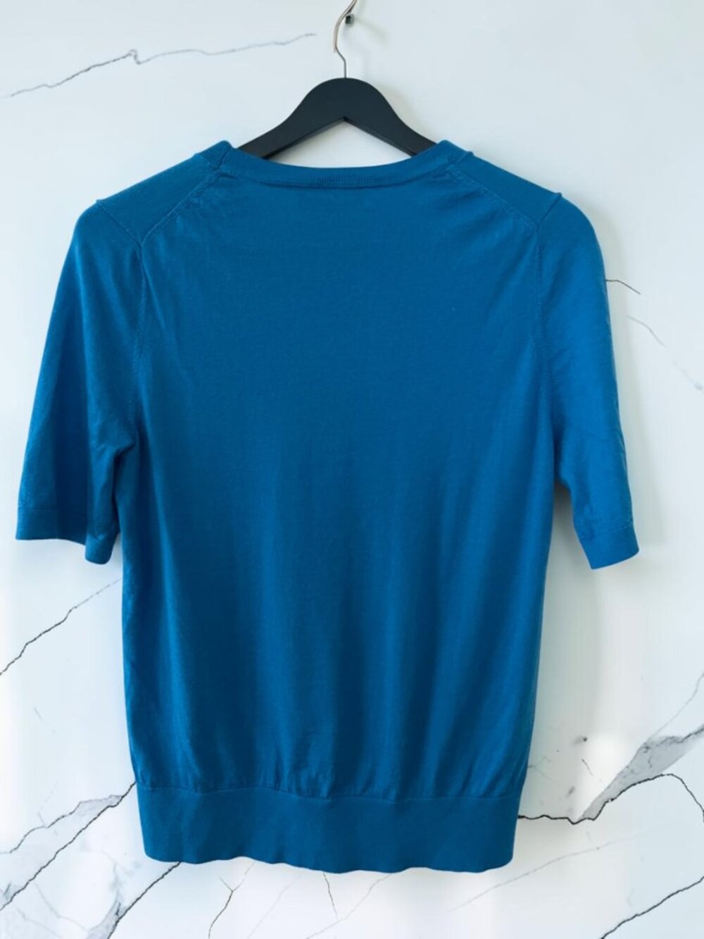 Banana Republic 100% Merino Wool Short Sleeve Sweater Top Medium Blue Crewneck - Picture 4 of 5
